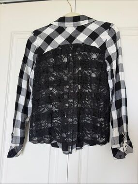 Kensie Black & White Buffalo Plaid Button-Down Shirt with Lace Back Detail